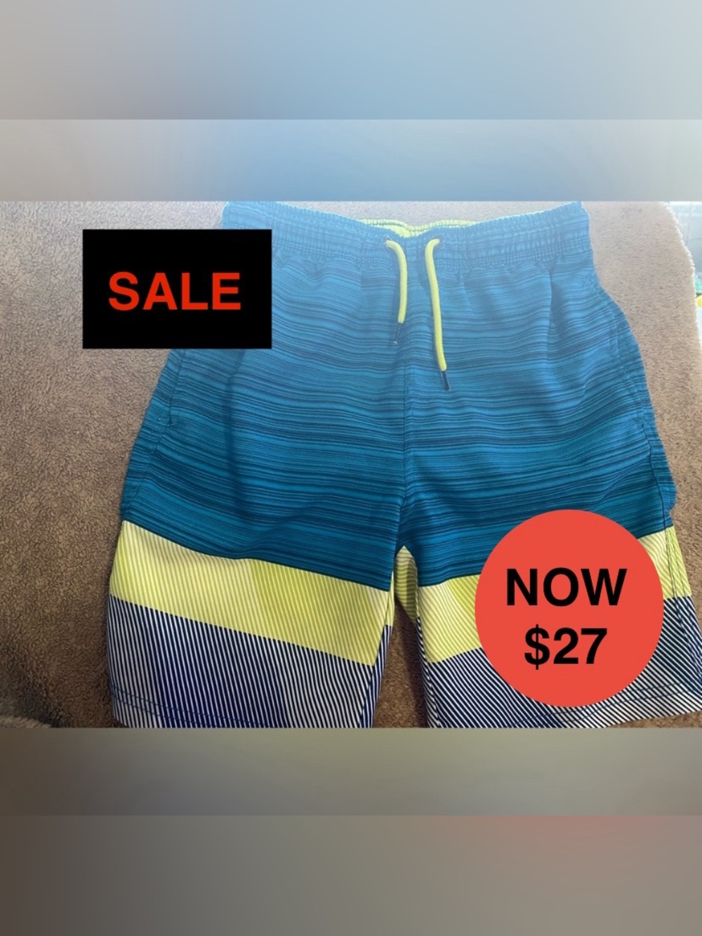 Spyder Boys' Swim Trunks - Large (10/12) - Blue/Neon Yellow Horizontal Stripe